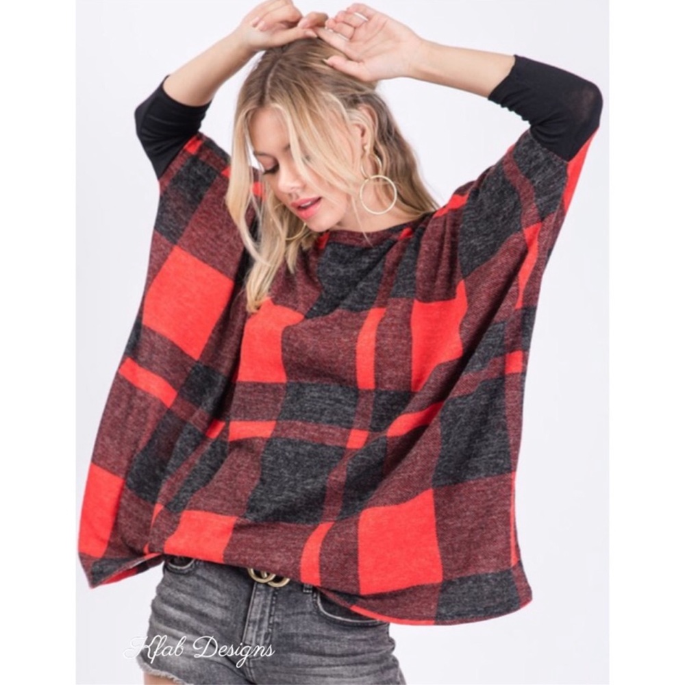 Relaxed Fit Plaid Print Soft Knit Top In Black And Red - Picture 7 of 10